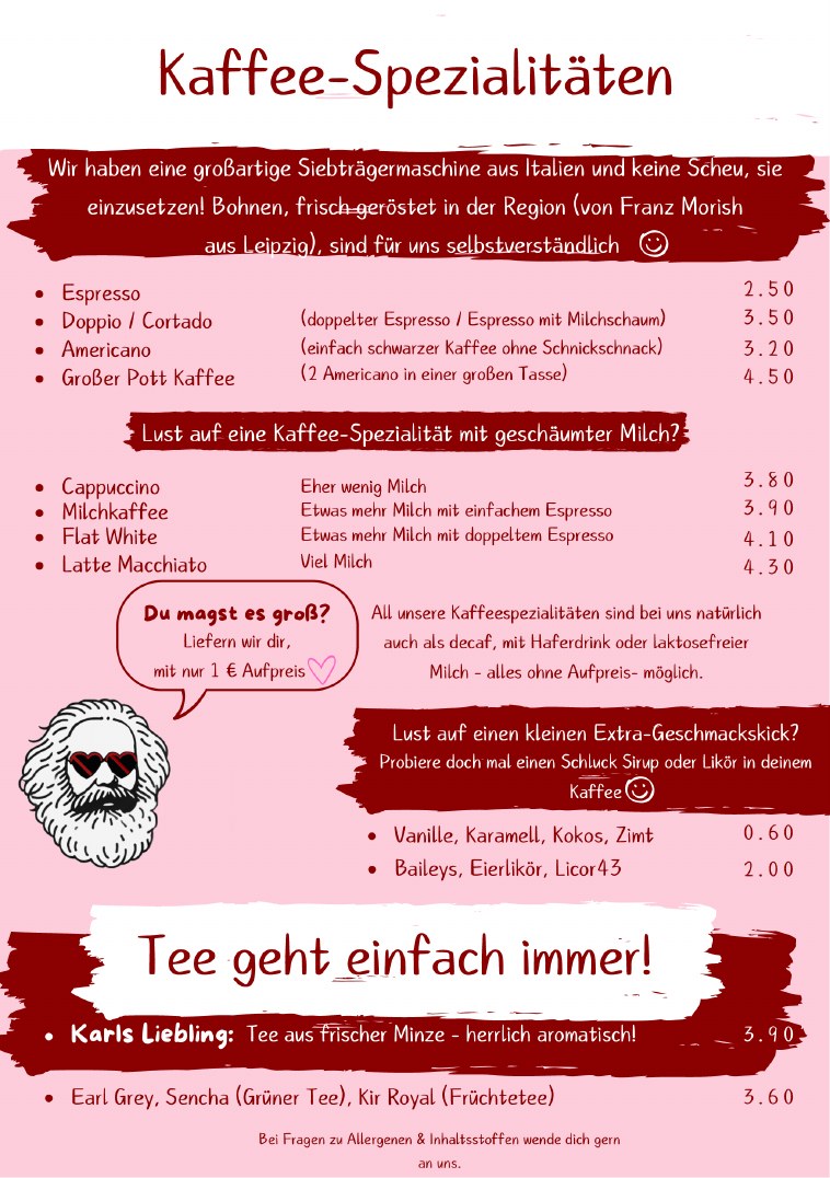 Genusskarte Seite 3: Kaffee-Spezialitäten und Tee